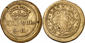 Felipe IV. Ponderal de 8 reales. (Mateu y Llopis IV, 33-34). Cilíndrico, en latón. 26,94 g. MBC+.