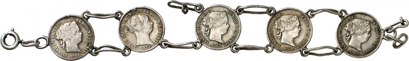 Isabel II. Pulsera compuesta por 3 monedas de 1 real y 2 de 10 céntimos de escud...
