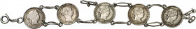 Isabel II. Pulsera compuesta por 3 monedas de 1 real y 2 de 10 céntimos de escudo. Una anilla rota. Total 8,44 g. BC-/MBC-.