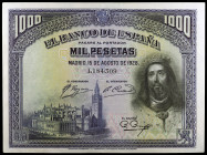 1928. 1000 pesetas. (Ed. C8) (Ed. 357). 15 de agosto, San Fernando. Doblez central. Esquinas rozadas. Con apresto. EBC-.