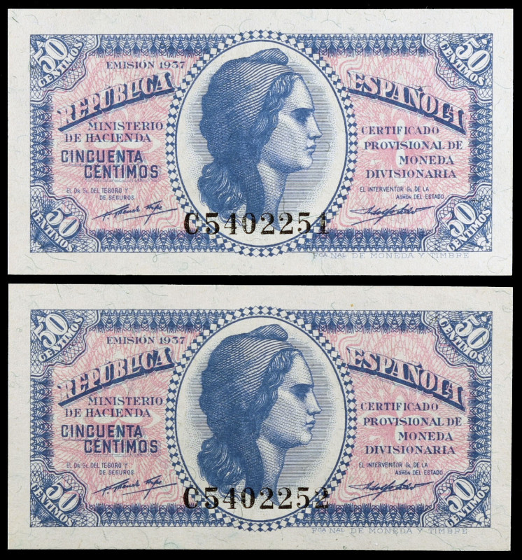 1937. 50 céntimos. (Ed. C42a) (Ed. 391a). Pareja correlativa. Serie C. S/C.