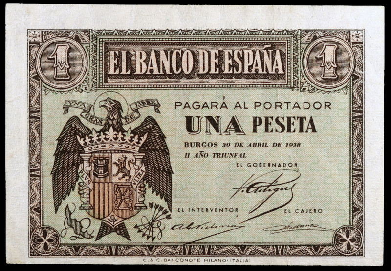 1938. Burgos. 1 peseta. (Ed. D29b) (Ed. 428b). 30 de abril. Serie H. Algo descen...