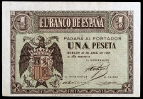 1938. Burgos. 1 peseta. (Ed. D29b) (Ed. 428b). 30 de abril. Serie H. Algo descentrado. Leve doblez. EBC.