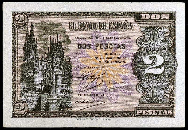 1938. Burgos. 2 pesetas. (Ed. D30a) (Ed. 429a). 30 de abril. Serie N. Esquinas r...