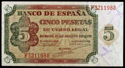 1938. Burgos. 5 pesetas. (Ed. D36a) (Ed. 435a). 10 de agosto. Serie F. Leves dobleces. Con apresto. EBC-.