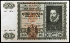 1940. 500 pesetas. (Ed. D40) (Ed. 439). 9 de enero, Juan de Austria. Serie A. Lavado y planchado. Raro. MBC.