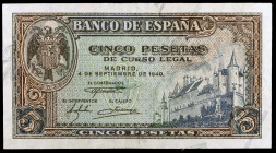 1940. 5 pesetas. (Ed. D44a) (Ed. 443a). 4 de septiembre, Alcázar de Segovia. Serie B. Doblez central. MBC+.