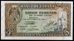 1940. 5 pesetas. (Ed. D44a) (Ed. 443a). 4 de septiembre, Alcázar de Segovia. Serie C. Leve doblez. EBC+.