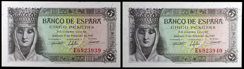 1943. 5 pesetas. (Ed. D47a) (Ed. 446a). 13 de febrero, Isabel la Católica. Parej...