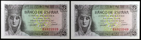 1943. 5 pesetas. (Ed. D47a) (Ed. 446a). 13 de febrero, Isabel la Católica. Pareja correlativa, serie E. S/C-.