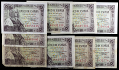 1945. 1 peseta. (Ed. D49 y D49a) (Ed. 448 y 448a). 15 de junio, Isabel la Católica. Lote de 9 billetes sin serie (dos) y serie A (siete). BC/EBC.
