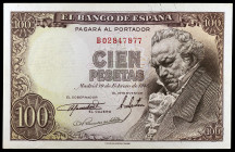 1946. 100 pesetas. (Ed. D52a) (Ed. 451b). 19 de febrero, Goya. Serie B. Con apresto. Ligero doblez. Esquinas rozadas. EBC+.