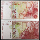 1992. 2000 pesetas. 24 de abril, Mutis. 2 billetes, uno de cada serie, el primero 1D y el segundo 5E. Esquinas algo rozadas. S/C-.