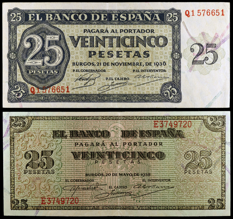 1936 y 1938. Burgos. 25 pesetas. Lote de 2 billetes: 21 de noviembre serie Q y 2...