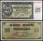1936 y 1938. Burgos. 25 pesetas. Lote de 2 billetes: 21 de noviembre serie Q y 20 de mayo serie E. MBC/MBC+.