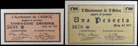L'Arboç. 25 céntimos y 1 peseta. (T. 225 y 227). Escasa así. EBC.