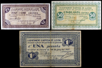 Artesa de Lleida. 25, 50 céntimos y 1 pesetas. (T. 287 a 289). 3 billetes, serie completa, el de 50 céntimos nº 0078, la peseta roto y pegado en la ép...