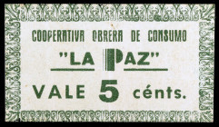 Barcelona. Cooperativa Obrera de Consumo "La Paz". 5 céntimos. (AC. falta) (RGH. 6695). Cartón. Raro. MBC.