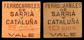 Barcelona. Ferrocarriles de Sarrià y Catalunya. 5 y 10 céntimos. (AL. 1207 y 1208). 2 cartones. MBC/MBC+.