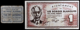 Les Borges Blanques. 50 céntimos y 1 peseta. (T. 582a y 583). Un billete y un cartón, éste raro. BC/MBC.