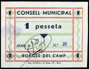 Les Borges del Camp. 25, 50 céntimos (dos) y 1 peseta (dos). (T. 584b, 586, 587, 587 var y 588). 5 billetes, una serie completa, la peseta de la prime...