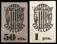 Capellades. 50 céntimos y 1 peseta. (T. 770 y 771). 2 cartones. Raros. MBC/MBC+.