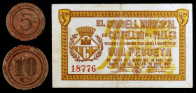Castellar del Vallès. 5, 10 céntimos y 1 pesetas. (T. 808, 810 y 811). Un billete y 2 cartones, estos raros. BC/MBC-.