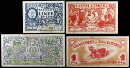 Castelltersol. 15, 25 y 50 céntimos y 1 peseta. (T. 890 a 893). 4 billetes, todos los de la localidad. MBC-/MBC+.