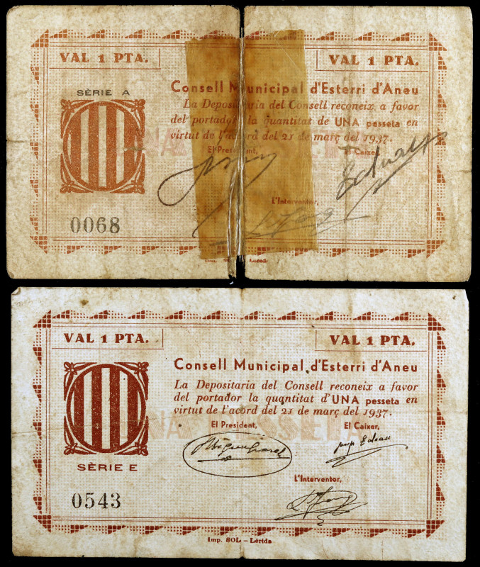 Esterri d'Aneu. 1 peseta. (T. 1116b y 1118b). 2 billetes, uno (nº 0068) roto y p...