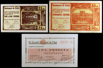 Flaçà. 25, 50 céntimos y 1 peseta. (T. 1184 a 1186). 3 billetes, todos los de la localidad, la peseta rara. MBC/EBC.