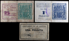 La Garriga. 25 céntimos y 1 peseta (dos). (T. 1268, 1270 y 1271). 3 billetes, una serie completa, la primera peseta rara. BC/MBC-.