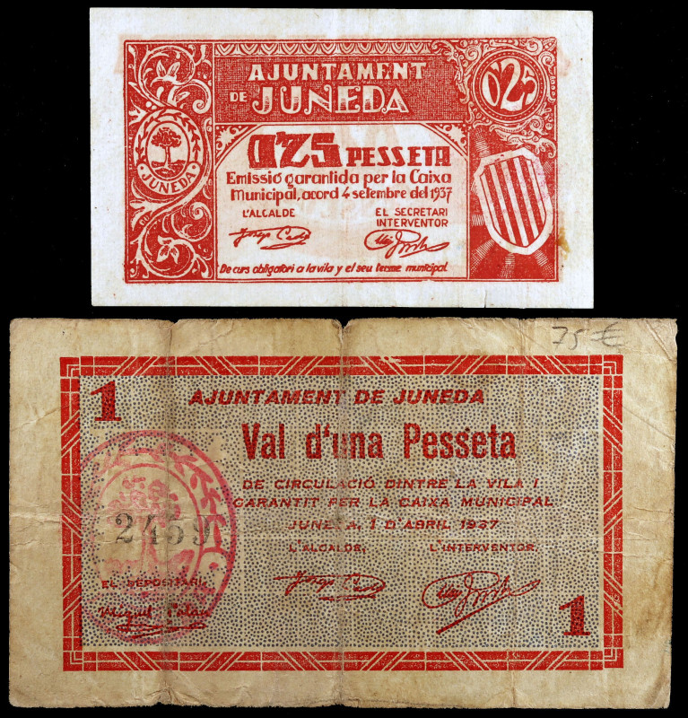 Juneda. 25 céntimos y 1 peseta. (T. 1478 y 1482). 2 billetes, el de peseta raro....