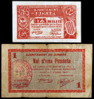Juneda. 25 céntimos y 1 peseta. (T. 1478 y 1482). 2 billetes, el de peseta raro. BC/MBC-.