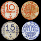 Manresa. 10 (dos) y 15 (dos) céntimos. (T. 1622 y 1623a y c). 4 cartones redondos, 2 series completas. MBC/EBC.