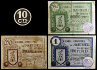Martorell. 10, 25, 50 céntimos y 1 peseta. (T. 1648, 1649, 1651 y 1654). 3 billetes y un cartón, éste raro. BC+/EBC.