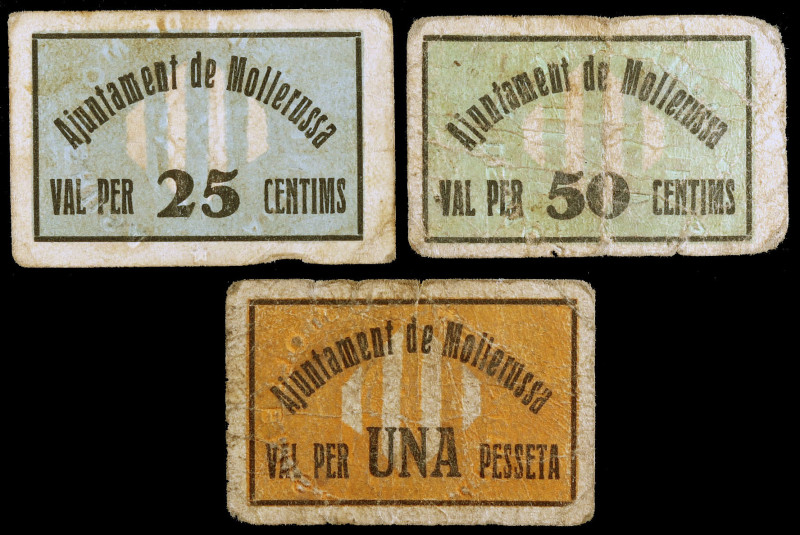 Mollerussa. 25, 50 céntimos y 1 peseta. (T. 1736, 1737 y 1738). 3 cartones, seri...