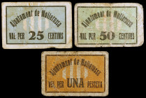 Mollerussa. 25, 50 céntimos y 1 peseta. (T. 1736, 1737 y 1738). 3 cartones, serie completa. Raros. BC/MBC-.
