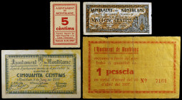 Montblanc. 5, 25, 50 céntimos y 1 peseta. (T. 1766, 1768, 1770a y 1772). 3 billetes y un cartón. BC/EBC-.