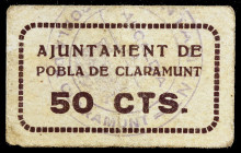 La Pobla de Claramunt. 50 céntimos. (T. 2187). Cartón. Raro. MBC.