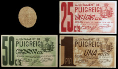 Puig-Reig. 25, 50 céntimos y 1 peseta (dos). (T. 2351 a 2354). Un cartón ovalado (muy raro) y 3 billetes, todos los de la localidad. MBC/EBC.