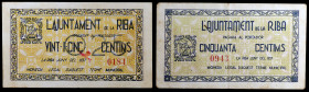 La Riba. 25 y 50 céntimos. (T. 2424 y 2425 var). 2 billetes, el de 25 céntimos nº 0184 y con tampón 025. Raros. MBC-/EBC-.