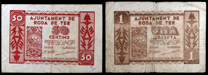 Roda de Ter. 50 céntimos y 1 peseta. (T. 2529 y 2530). 2 billetes, todos los de ...