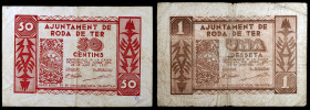 Roda de Ter. 50 céntimos y 1 peseta. (T. 2529 y 2530). 2 billetes, todos los de la localidad. BC/BC+.