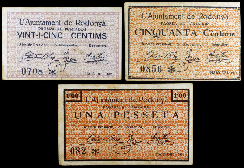 Rodonyà. 25, 50 céntimos y 1 peseta. (T. 2532 a 2534). 3 billetes, serie complet...