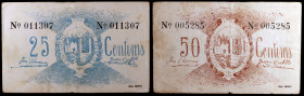 Roquetes. 25 y 50 céntimos. (T. 2546 y 2547). 2 billetes. Escasos. BC/BC+.