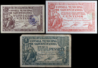 Sadurni d'Anoia. 25, 50 céntimos y 1 peseta. (T. 2581a, 2582b y 2583). 3 billetes, serie completa. BC+/EBC-.