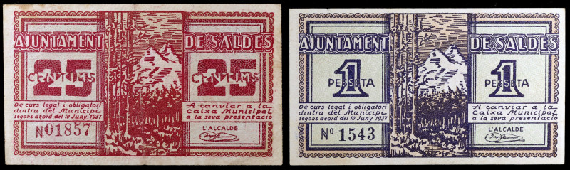 Saldes. 25 céntimos y 1 peseta. (T. 2591a y 2593a). 2 billetes. Escasos. MBC-/EB...