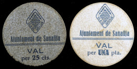 Sanahuja. 25 céntimos y 1 peseta. (T. 2611 y 2613). 2 cartones redondos. Muy raros. MBC+/EBC-.