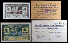 Sentmenat. 25, 50 céntimos y 1 peseta (dos). (T. 2708a, 2709a, 2710b y 2711). 4 billetes, dos series completas, la primera rara. MBC-/EBC-.