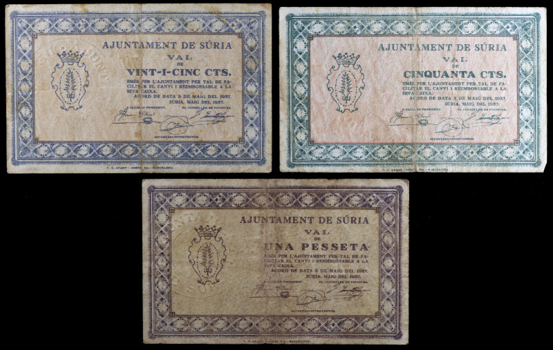 Súria. 25, 50 céntimos y 1 peseta. (T. 2806, 2807 y 2808). 3 billetes, serie com...